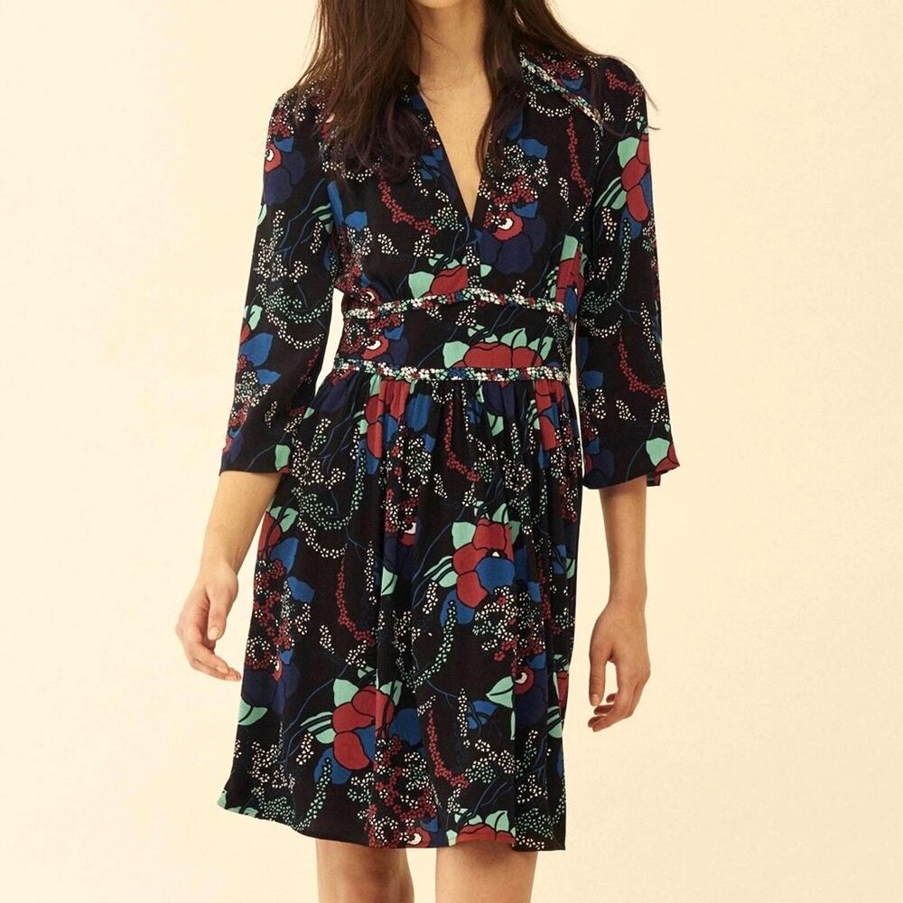 Ba&sh Agathe Floral V-Neck Empire Waist Dress Womens Size 8 Black Boho Party